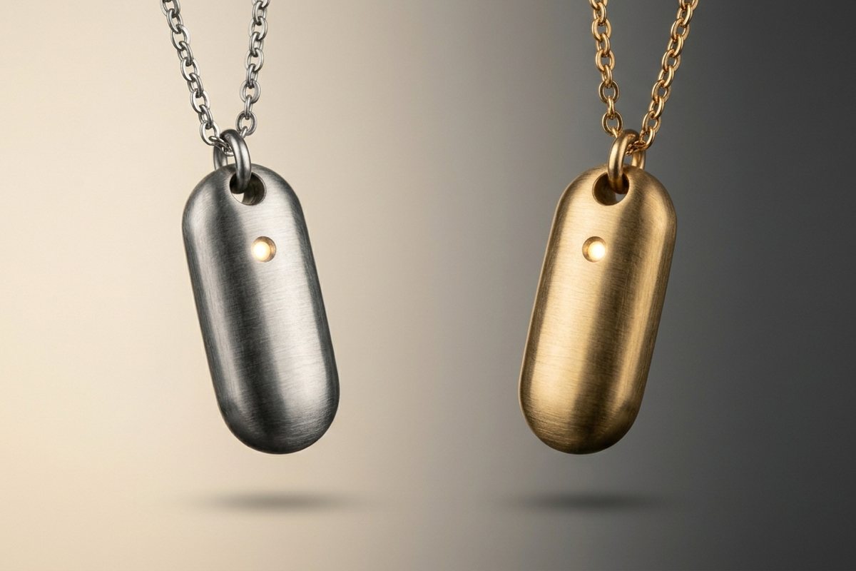 Two Anticipy pendants on chains, one brushed titanium and one gold, each with a single LED